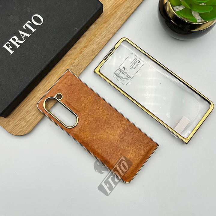 Samsung Galaxy Z Fold 6 PU Leather Chrome Plated With Front Screen Protector Case Cover