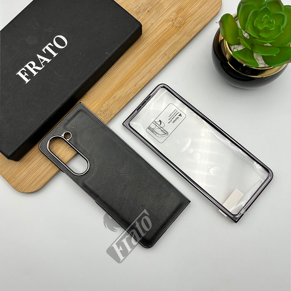 Samsung Galaxy Z Fold 6 PU Leather Chrome Plated With Front Screen Protector Case Cover