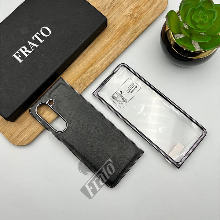 Samsung Galaxy Z Fold 6 PU Leather Chrome Plated With Front Screen Protector Case Cover